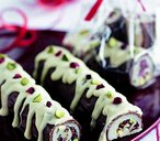Pistachio and marzipan festive yule logs